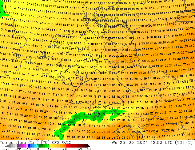 Temperature (2m) GFS 0.25 We 25.09.2024 12 UTC