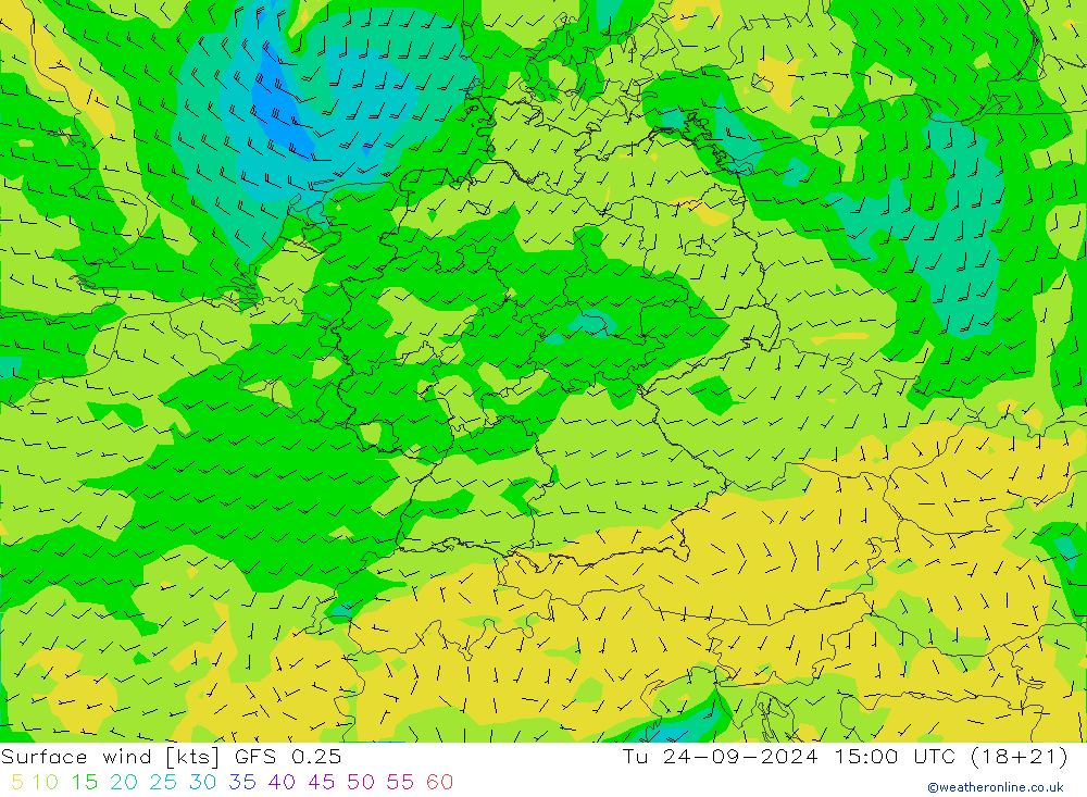 Vento 10 m GFS 0.25 Ter 24.09.2024 15 UTC