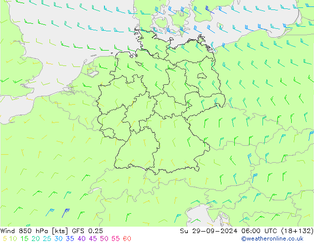 Wind 850 hPa GFS 0.25 zo 29.09.2024 06 UTC