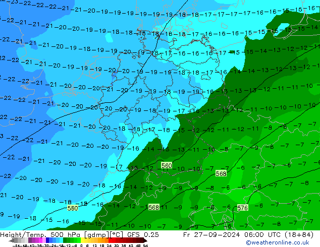 Z500/Rain (+SLP)/Z850 GFS 0.25 vie 27.09.2024 06 UTC