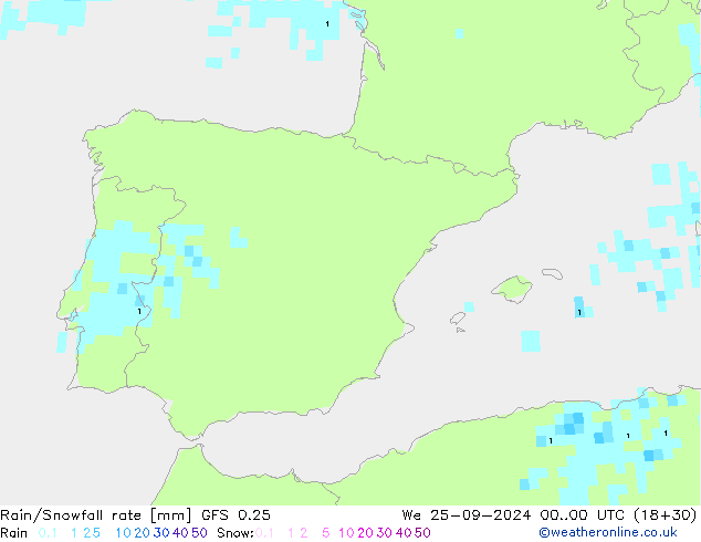 Rain/Snowfall rate GFS 0.25 Qua 25.09.2024 00 UTC