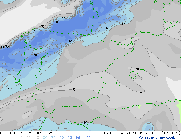 RH 700 hPa GFS 0.25 Tu 01.10.2024 06 UTC