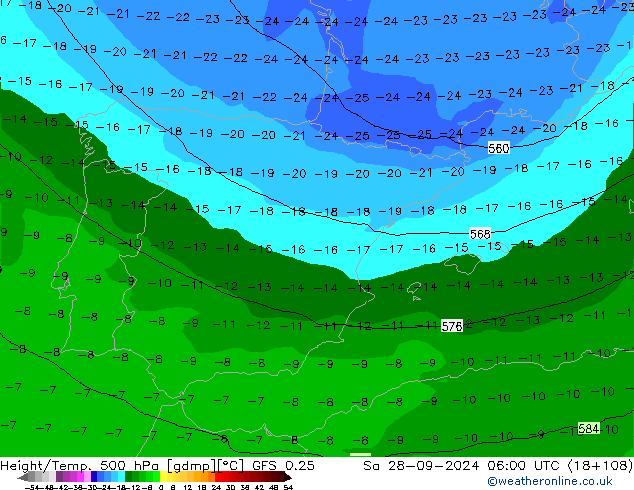 Height/Temp. 500 hPa GFS 0.25 sab 28.09.2024 06 UTC