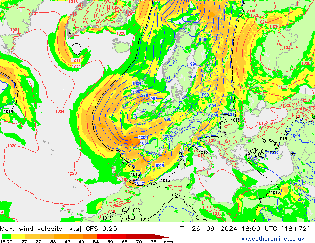 Max. wind velocity GFS 0.25 jeu 26.09.2024 18 UTC