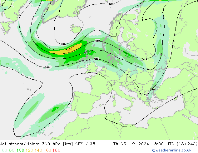 Corrente a getto GFS 0.25 gio 03.10.2024 18 UTC