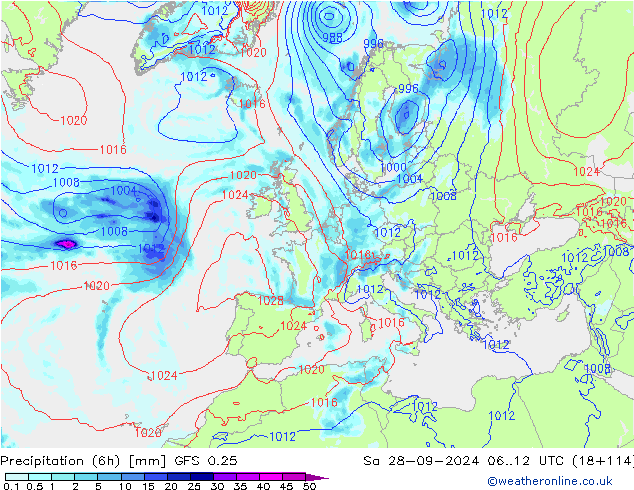 Precipitación (6h) GFS 0.25 sáb 28.09.2024 12 UTC