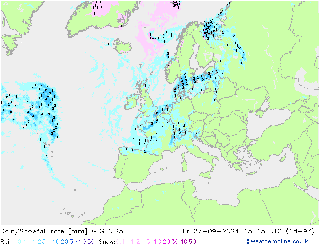 Regen/Schneefallrate GFS 0.25 Fr 27.09.2024 15 UTC