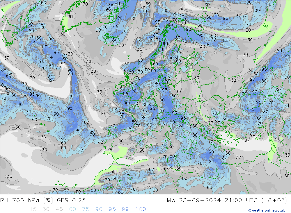 RH 700 hPa GFS 0.25 Mo 23.09.2024 21 UTC