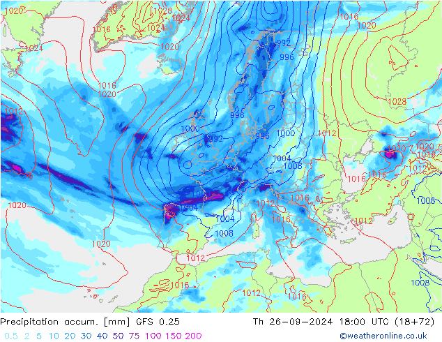 Precipitación acum. GFS 0.25 jue 26.09.2024 18 UTC