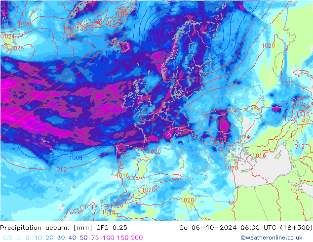 Precipitation accum. GFS 0.25 Su 06.10.2024 06 UTC