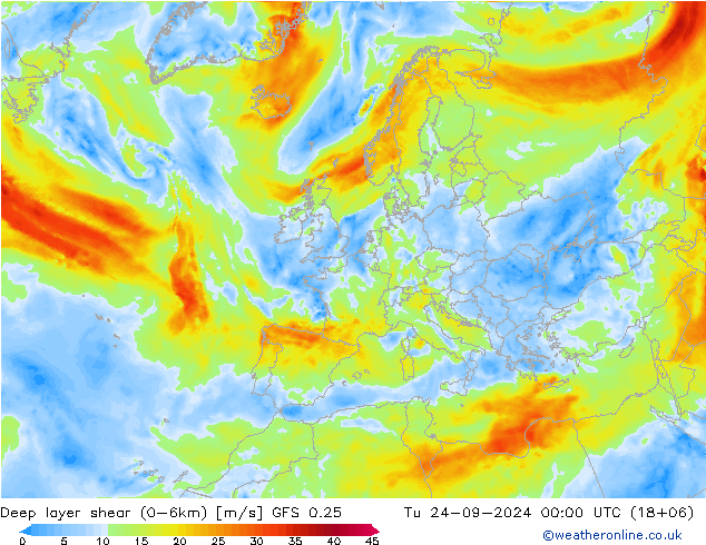 Deep layer shear (0-6km) GFS 0.25 Di 24.09.2024 00 UTC