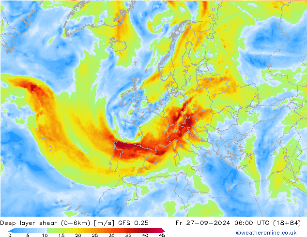 Deep layer shear (0-6km) GFS 0.25 ven 27.09.2024 06 UTC