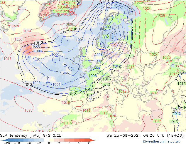 SLP tendency GFS 0.25 We 25.09.2024 06 UTC