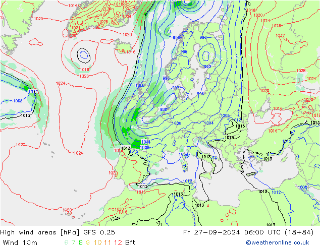 yüksek rüzgarlı alanlar GFS 0.25 Cu 27.09.2024 06 UTC