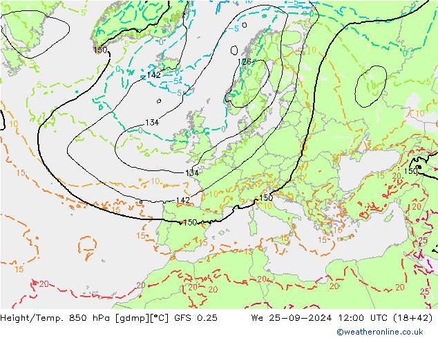 Z500/Rain (+SLP)/Z850 GFS 0.25 St 25.09.2024 12 UTC