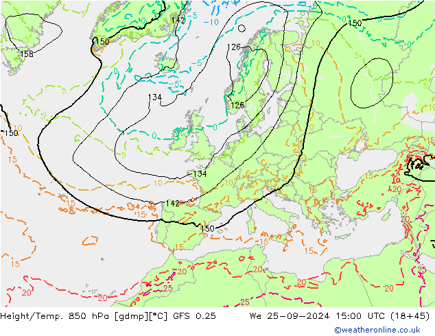 Height/Temp. 850 hPa GFS 0.25 We 25.09.2024 15 UTC