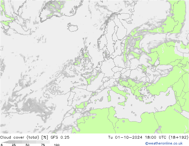 Wolken (gesamt) GFS 0.25 Di 01.10.2024 18 UTC