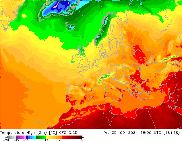 Höchstwerte (2m) GFS 0.25 Mi 25.09.2024 18 UTC