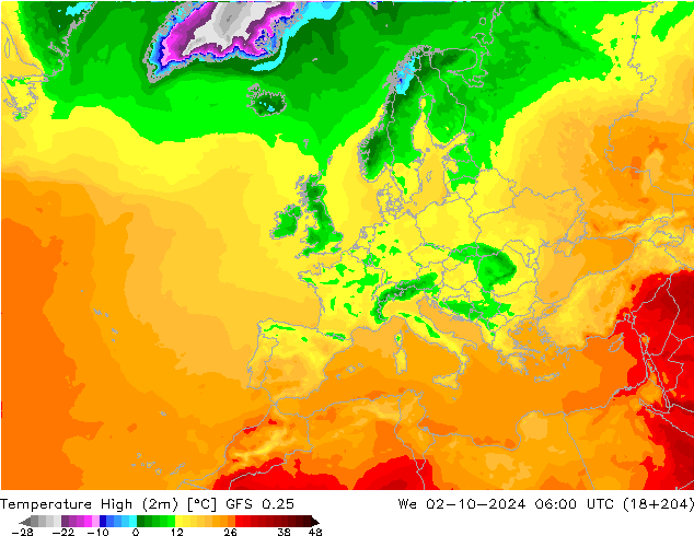 Temperature High (2m) GFS 0.25 We 02.10.2024 06 UTC