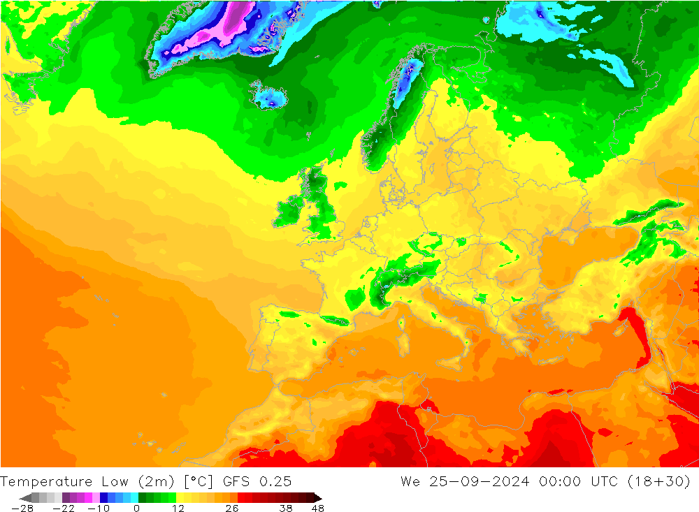 Temperature Low (2m) GFS 0.25 We 25.09.2024 00 UTC