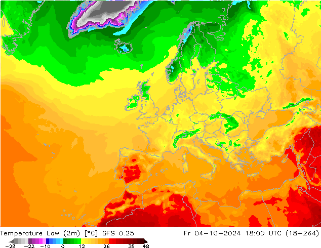 température 2m min GFS 0.25 ven 04.10.2024 18 UTC