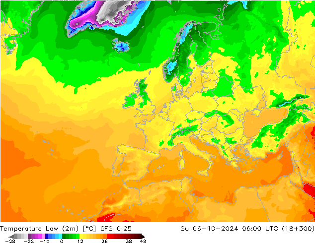 Min.temperatuur (2m) GFS 0.25 zo 06.10.2024 06 UTC