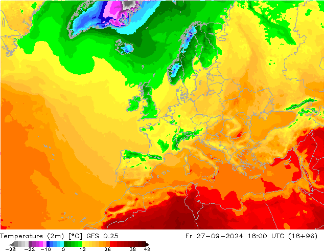 Sıcaklık Haritası (2m) GFS 0.25 Cu 27.09.2024 18 UTC