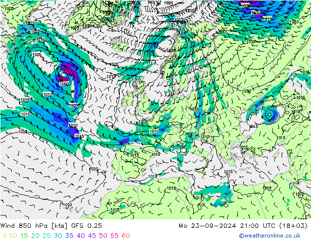 wiatr 850 hPa GFS 0.25 pon. 23.09.2024 21 UTC