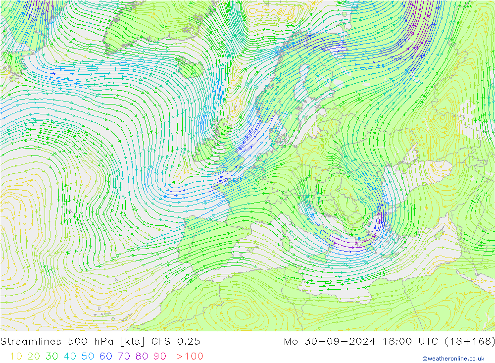 Stroomlijn 500 hPa GFS 0.25 ma 30.09.2024 18 UTC