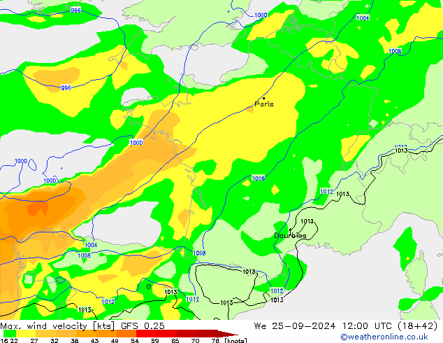 Max. wind velocity GFS 0.25 We 25.09.2024 12 UTC