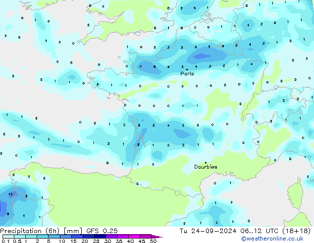 Z500/Rain (+SLP)/Z850 GFS 0.25 вт 24.09.2024 12 UTC