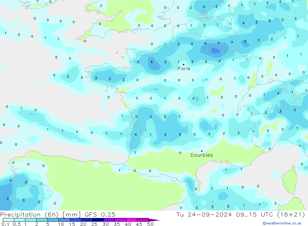 Z500/Rain (+SLP)/Z850 GFS 0.25 вт 24.09.2024 15 UTC