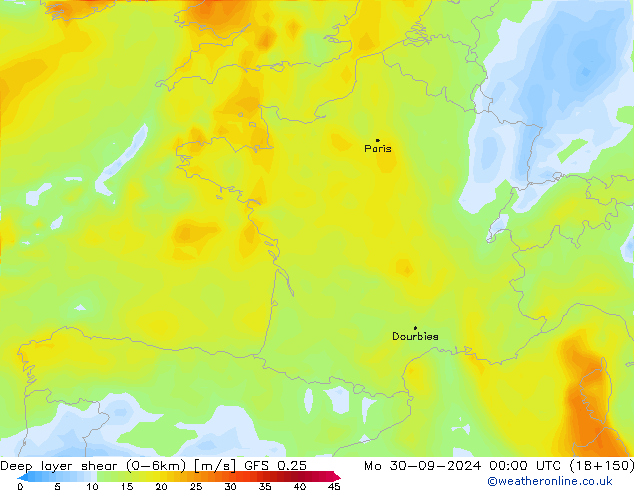 Deep layer shear (0-6km) GFS 0.25 Mo 30.09.2024 00 UTC