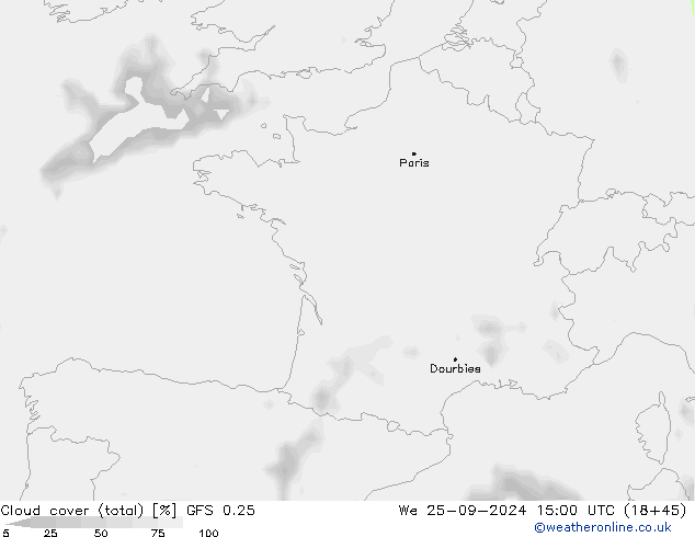 Cloud cover (total) GFS 0.25 We 25.09.2024 15 UTC