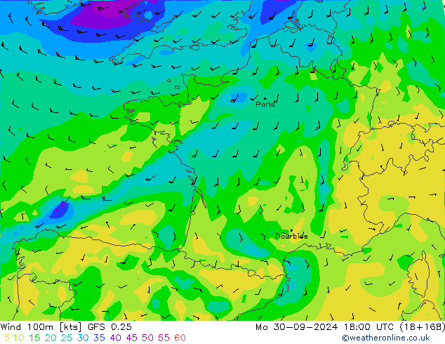 Wind 100m GFS 0.25 Mo 30.09.2024 18 UTC