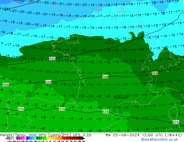 Z500/Rain (+SLP)/Z850 GFS 0.25 We 25.09.2024 12 UTC