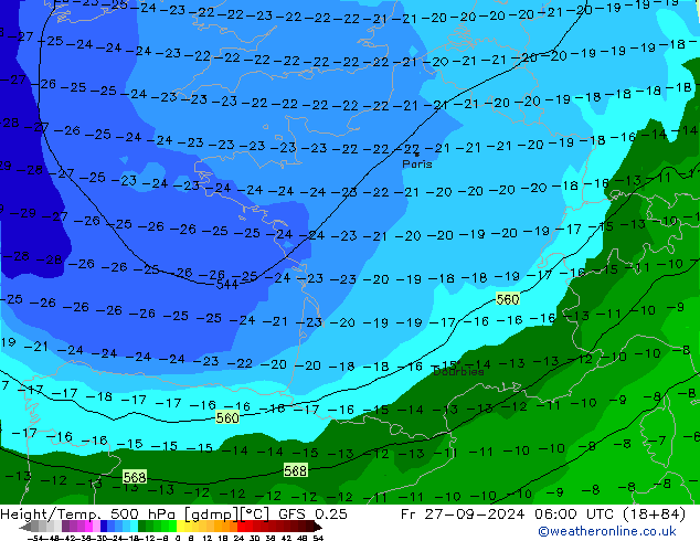 Z500/Rain (+SLP)/Z850 GFS 0.25 Fr 27.09.2024 06 UTC