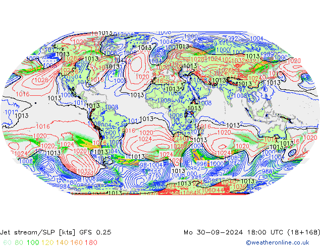 Jet stream/SLP GFS 0.25 Mo 30.09.2024 18 UTC