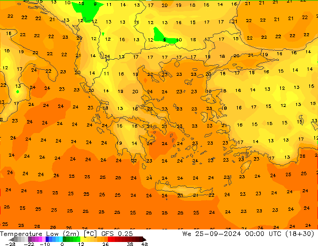 Min.  (2m) GFS 0.25  25.09.2024 00 UTC