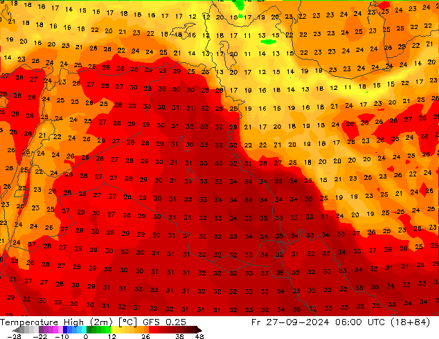 température 2m max GFS 0.25 ven 27.09.2024 06 UTC