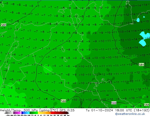 Z500/Rain (+SLP)/Z850 GFS 0.25 Út 01.10.2024 18 UTC