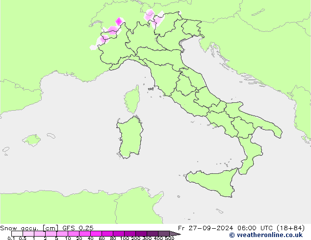 Snow accu. GFS 0.25 Sex 27.09.2024 06 UTC