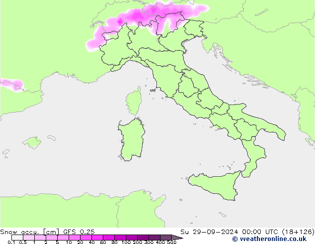 Snow accu. GFS 0.25 Su 29.09.2024 00 UTC