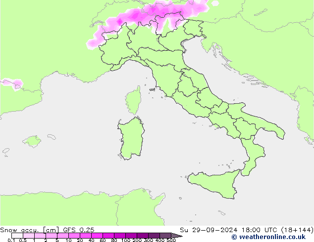 Глубина снега GFS 0.25 Вс 29.09.2024 18 UTC