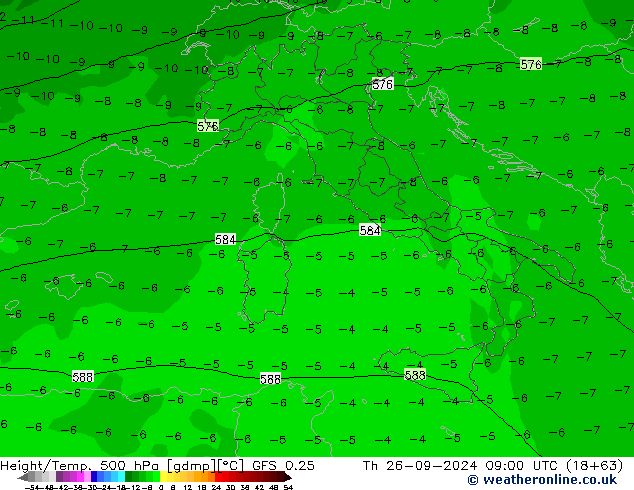 Z500/Rain (+SLP)/Z850 GFS 0.25 Čt 26.09.2024 09 UTC