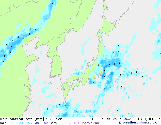 Rain/Snowfall rate GFS 0.25 Dom 29.09.2024 00 UTC