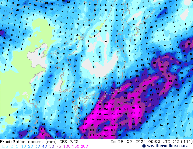 Precipitation accum. GFS 0.25 сб 28.09.2024 09 UTC