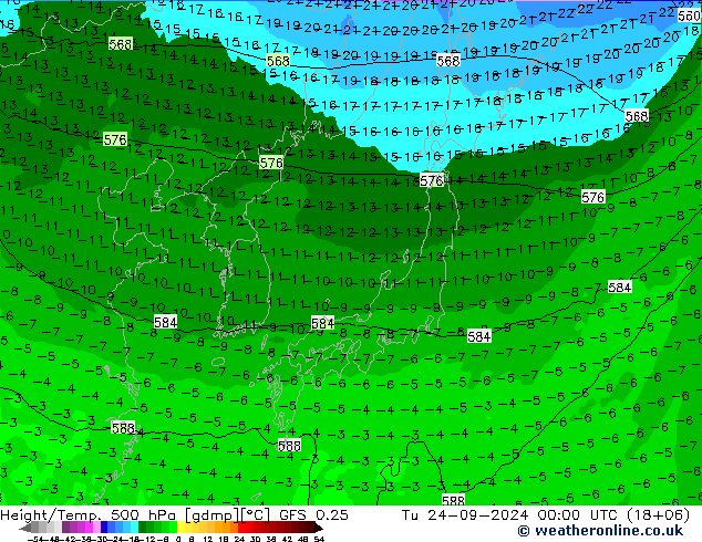 Height/Temp. 500 hPa GFS 0.25 Út 24.09.2024 00 UTC