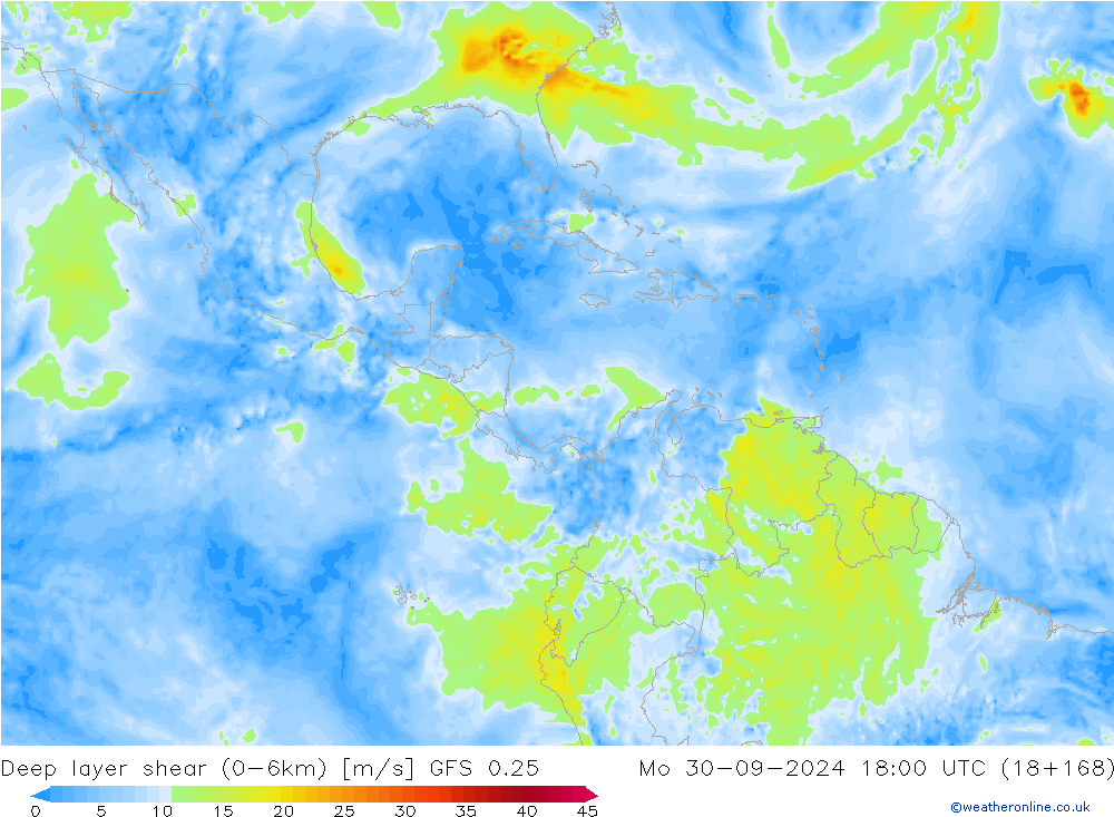 Deep layer shear (0-6km) GFS 0.25 Seg 30.09.2024 18 UTC