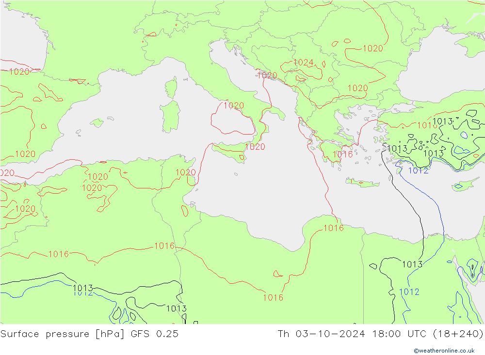 Luchtdruk (Grond) GFS 0.25 do 03.10.2024 18 UTC